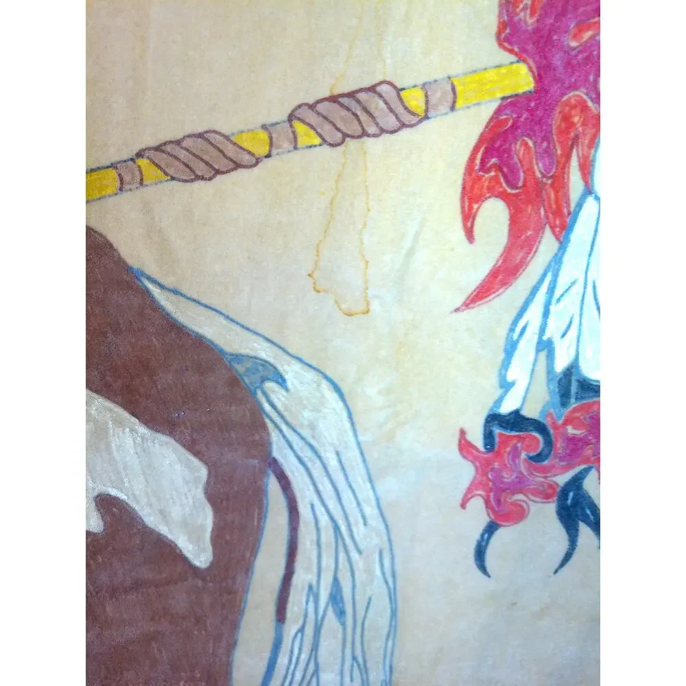 Vtg Native American Theme Indian Chief Warrior Horseback Painted Felt Wall Art